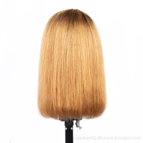 Peruvian Virgin Human Hair T1b 27 Colored Ombre Natural Blonde Short Straight Bob Wigs for Black Women with Bangs